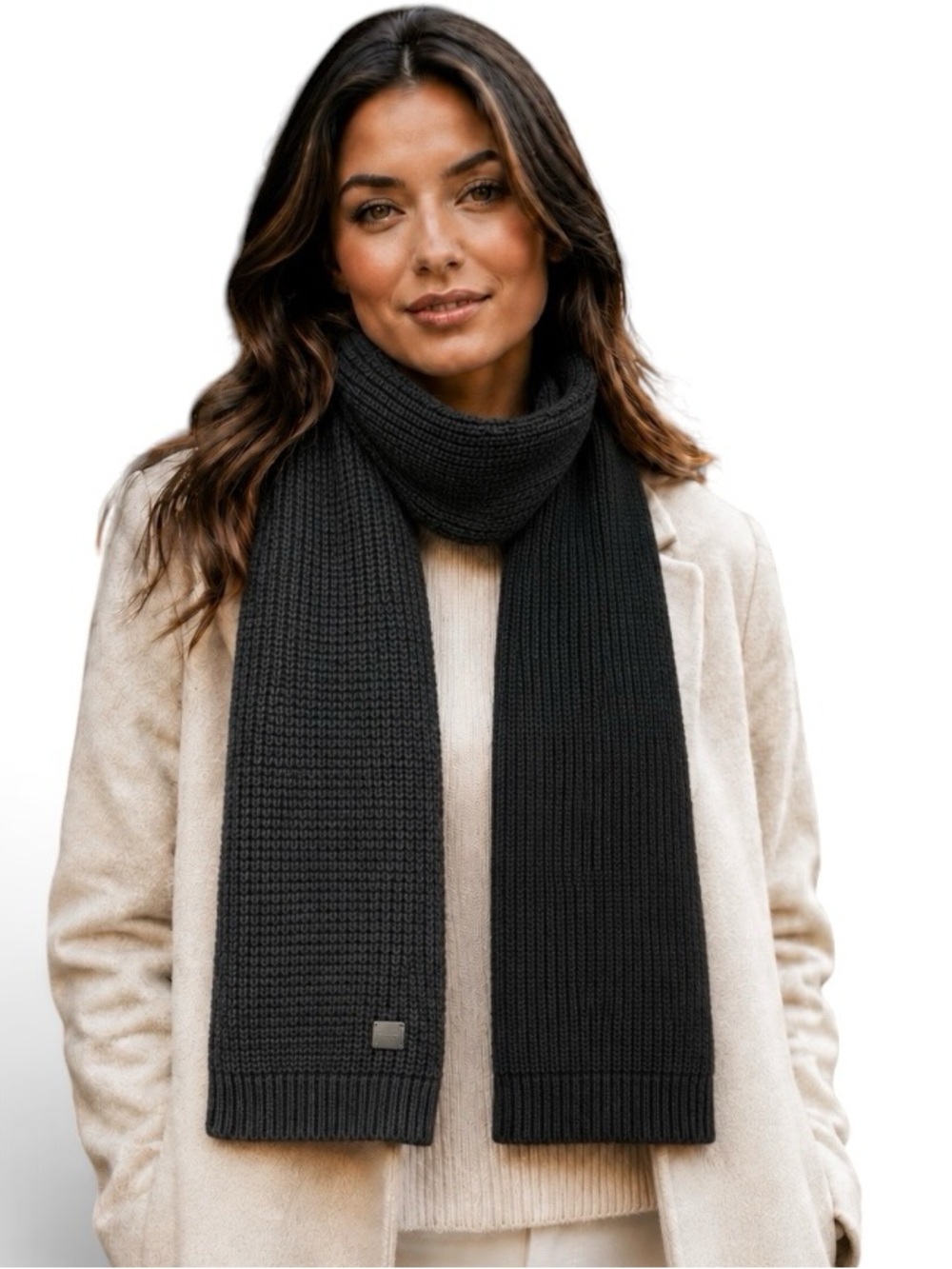 AllSaints Angled Stitch Black Waffle Ribbed Knit Wool Blend Scarf NWOT